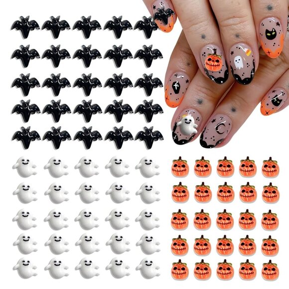 75Pcs Halloween Nail Charms Bat Pumpkin Ghost Nail Charms 3D Resin Black Nail Ch - Picture 1 of 7